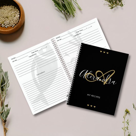 Monogram Zwart Goud Elegant Script Naam Recept Notitieboek