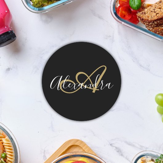 Monogram Zwart Goud Elegant Script Naam Ronde Kartonnen Onderzetter