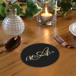 Monogram Zwart Goud Elegant Script Naam Ronde Kartonnen Onderzetter