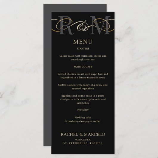 Monogram Zwart Goud Elegant Trouwmenu Menu (Voorkant / Achterkant)
