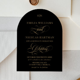 Monogram Zwart Goud Elegante Calligrafie Bruiloft Kaart