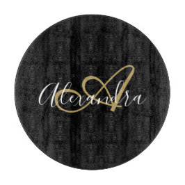 Monogram Zwart Goud Elegante Script Naam Chef Snijplank