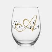 Monogram Zwart Goud Elegante Script Naam Wijnglas Zonder Voet (Voorkant)