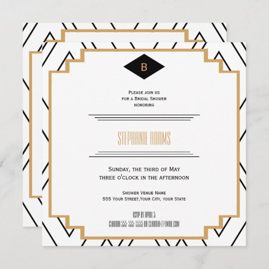 Monogram zwart, goud en witte kunst Deco Bridal Kaart (Voorkant / Achterkant)