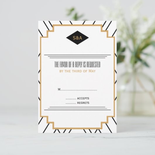 Monogram zwart, goud en witte kunst Deco RSVP (Staand voorkant)