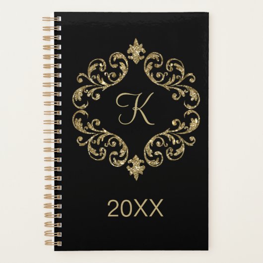 Monogram Zwart Goud Glitter Trendsettend Stijlvol Planner (Voorkant)