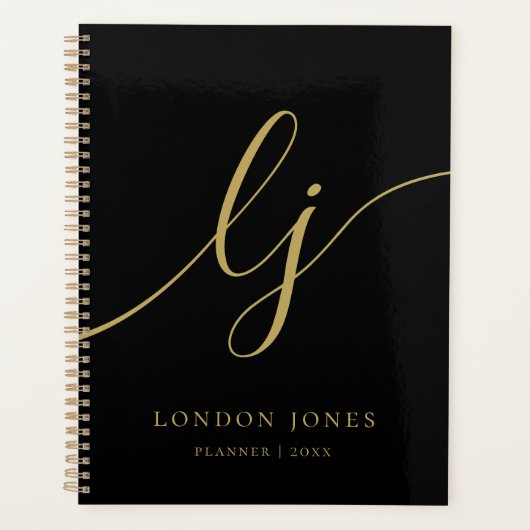 Monogram Zwart Goud Kalligrafie Initialen Bedrijf Planner (Voorkant)