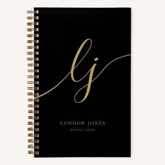 Monogram Zwart Goud Kalligrafie Script 2 Initialen Notitieboek (Voorkant)