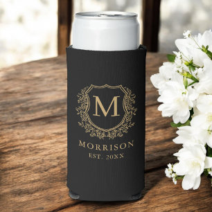 Monogram Zwart Goud Kreeft Botanische Huwelijk Seltzer Blikjeskoeler