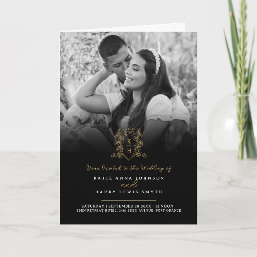 Monogram zwart goud kroon bruiloft maaltijd optie  (Voorkant)