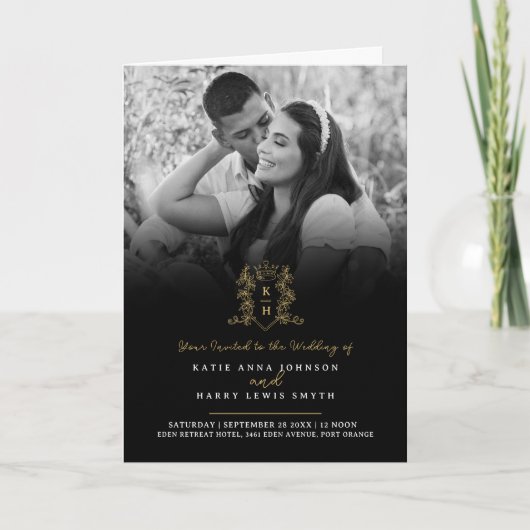 Monogram zwart goud kroon bruiloft maaltijd optie (Voorkant)