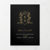 Monogram zwart goud kroon bruiloft maaltijd optie  drieluik uitnodiging (Cover)