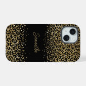 Monogram Zwart Goud Luipaard Print Stijlvol Chique iPhone 15 Case (Achterkant horizontaal)