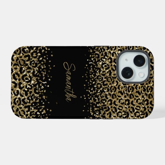 Monogram Zwart Goud Luipaard Print Stijlvol Chique iPhone 15 Case (Achterkant horizontaal)