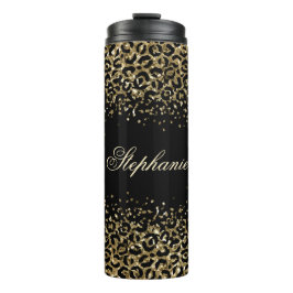 Monogram Zwart Goud Luipaardprint Glitter Overlay  Thermosbeker