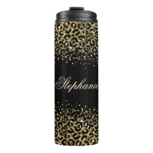 Monogram Zwart Goud Luipaardprint Glitter Overlay Thermosbeker