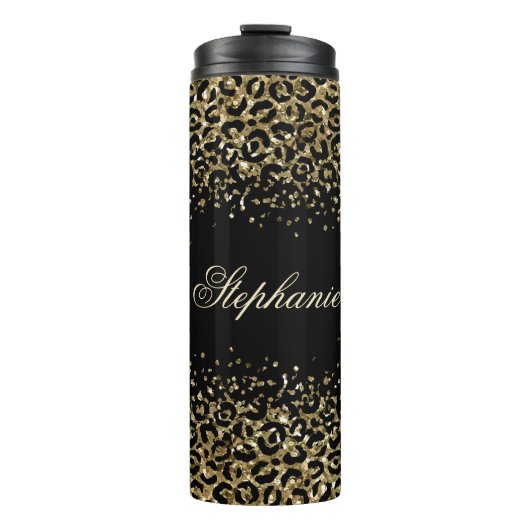 Monogram Zwart Goud Luipaardprint Glitter Overlay Thermosbeker (Voorkant)