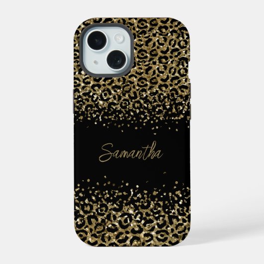 Monogram Zwart Goud Luipaardprint Stijlvol Chic iPhone 15 Case (Achterkant)