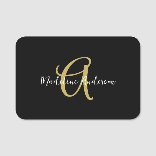 Monogram Zwart Goud Modern Girly Magnetisch Naamplaatje (Voorkant)