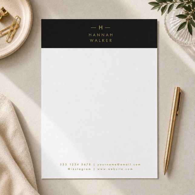 Monogram Zwart Goud | Moderne Minimalistische Eleg Briefhoofd (Creator heeft geüpload)