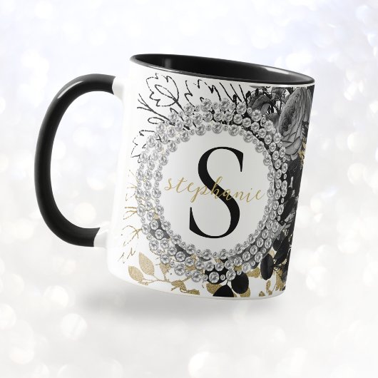 Monogram Zwart Goud Rozen Diamanten Luxe Stijlvol Mok