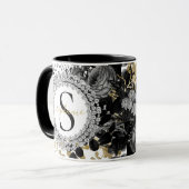 Monogram Zwart Goud Rozen Diamanten Luxe Stijlvol Mok (Voorkant links)