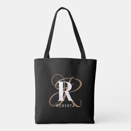 Monogram Zwart Goud Script Naam Stijlvol Tote Bag (Achterkant)