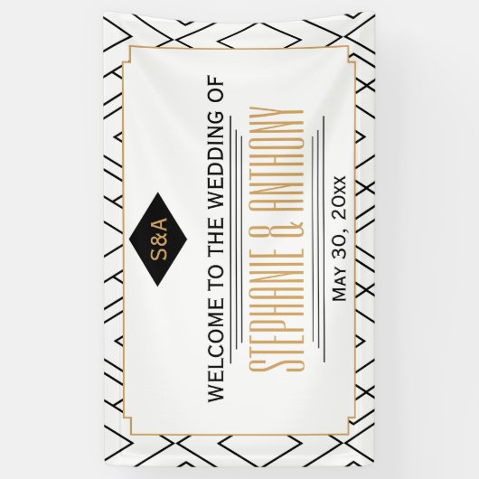 Monogram zwart, goud, witte deco bruiloft spandoek (Verticaal)