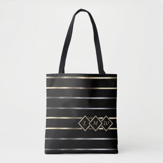 Monogram - zwart, goud, zilveren strepen tote bag (Voorkant)