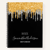 Monogram zwart goud zilverglitterdruppel notitieboek (Voorkant)
