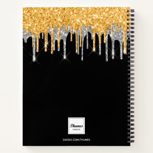 Monogram zwart goud zilverglitterdruppel notitieboek (Achterkant)