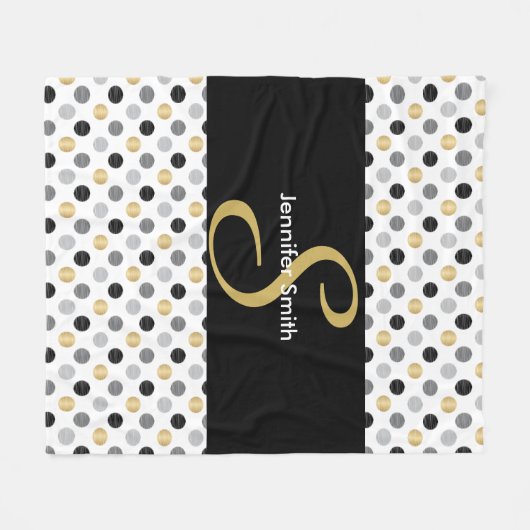 Monogram zwart, goud, zilverpoka dots fleece deken (Voorkant (Horizontaal))