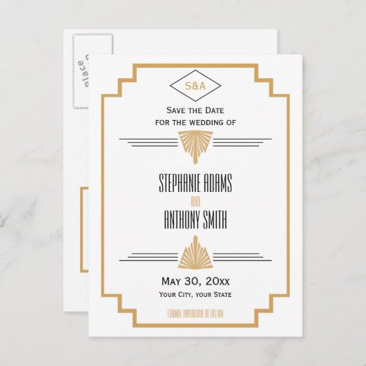 Monogram zwart, gouden en witte kunst Deco Wedding Aankondigingskaart (Voorkant / Achterkant)