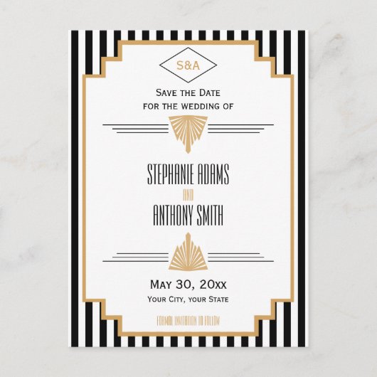 Monogram zwart, gouden en witte kunst Deco Wedding Aankondigingskaart (Voorkant)