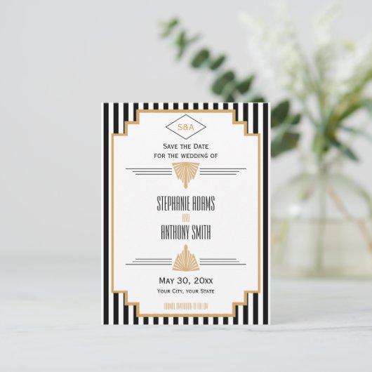 Monogram zwart, gouden en witte kunst Deco Wedding Aankondigingskaart (Staand voorkant)
