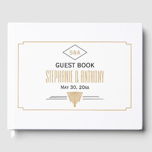 Monogram zwart, gouden en witte kunst Deco Wedding Gastenboek (Voorkant)