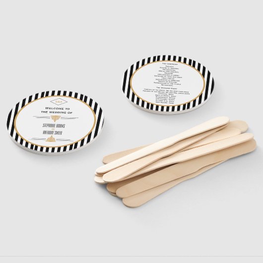 Monogram zwart, gouden en witte kunst Deco Wedding Handwaaier