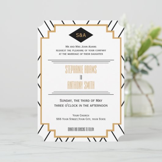 Monogram zwart, gouden en witte kunst Deco Wedding Kaart (Staand voorkant)