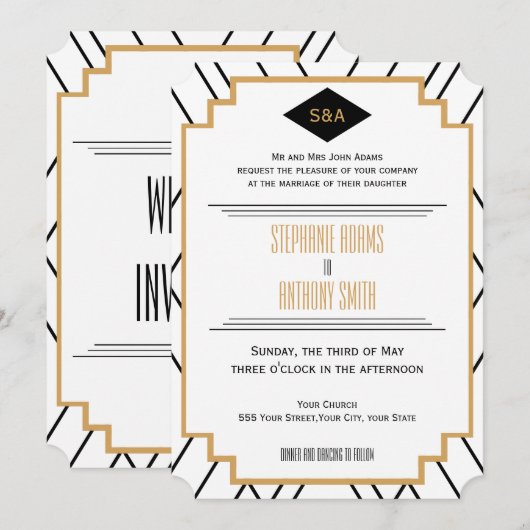 Monogram zwart, gouden en witte kunst Deco Wedding Kaart (Voorkant / Achterkant)