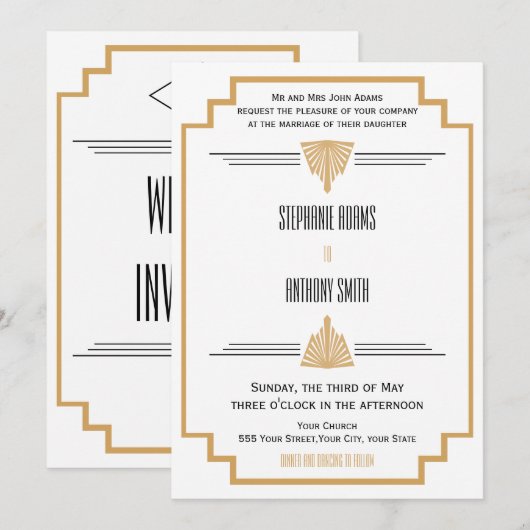 Monogram zwart, gouden en witte kunst Deco Wedding Kaart (Voorkant / Achterkant)