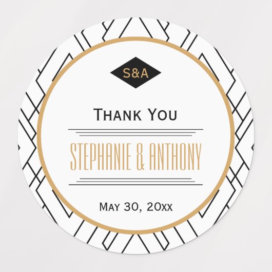 Monogram zwart, gouden en witte kunst Deco Wedding Labels (Design 3)