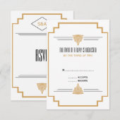 Monogram zwart, gouden en witte kunst Deco Wedding RSVP Kaartje (Voorkant / Achterkant)