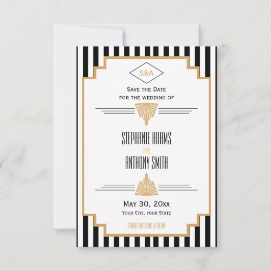 Monogram zwart, gouden en witte kunst Deco Wedding Save The Date (Voorkant)
