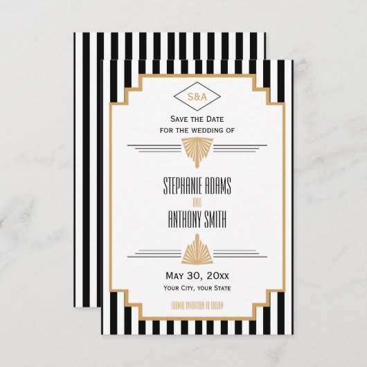 Monogram zwart, gouden en witte kunst Deco Wedding Save The Date (Voorkant / Achterkant)