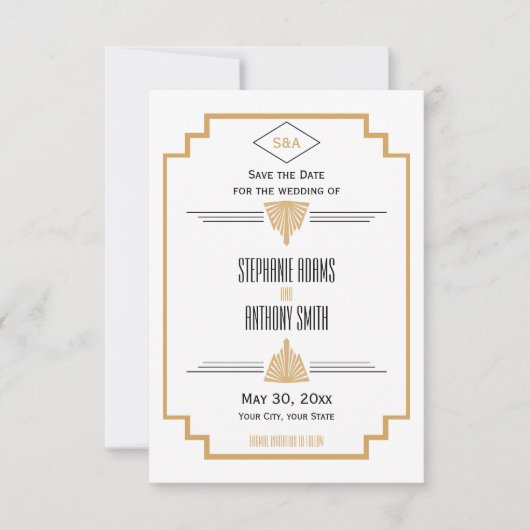 Monogram zwart, gouden en witte kunst Deco Wedding Save The Date (Voorkant)