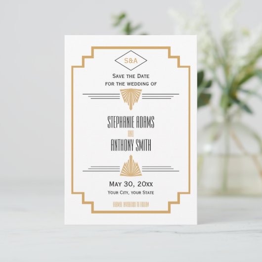 Monogram zwart, gouden en witte kunst Deco Wedding Save The Date (Staand voorkant)