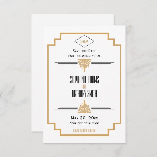 Monogram zwart, gouden en witte kunst Deco Wedding Save The Date (Voorkant / Achterkant)