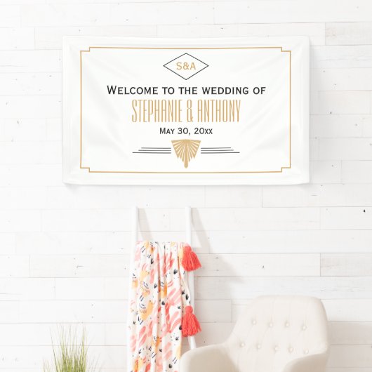 Monogram zwart, gouden en witte kunst Deco Wedding Spandoek (Insitu)