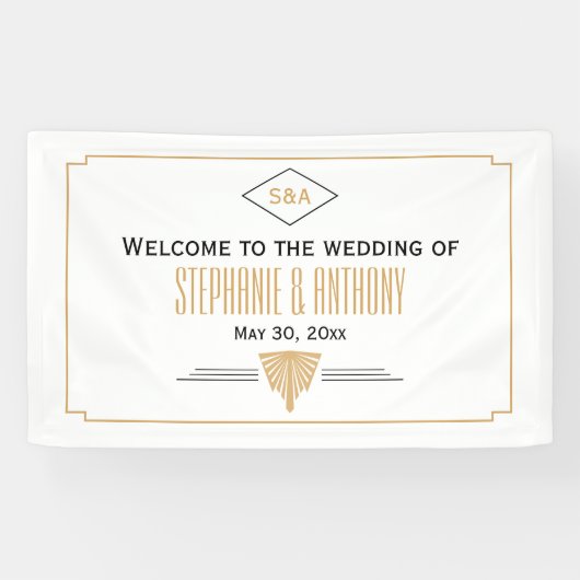 Monogram zwart, gouden en witte kunst Deco Wedding Spandoek (Horizontaal)