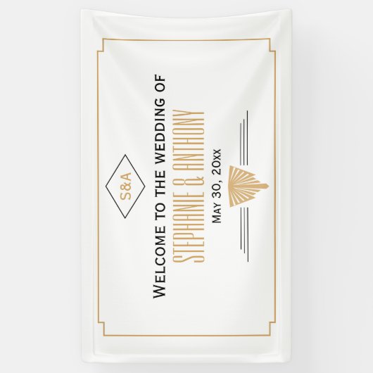 Monogram zwart, gouden en witte kunst Deco Wedding Spandoek (Verticaal)